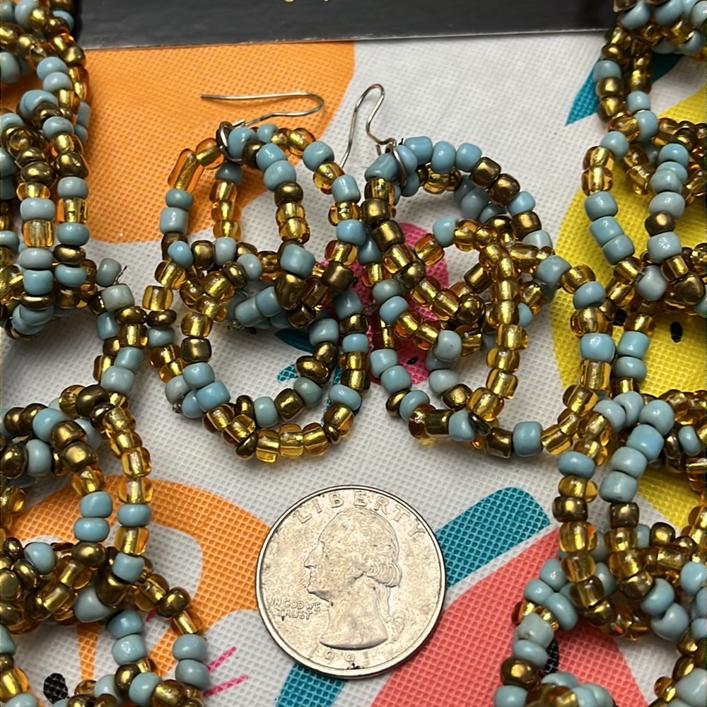 Gold/Blue Beaded Double Ring Infinity Necklace Wi… - image 2